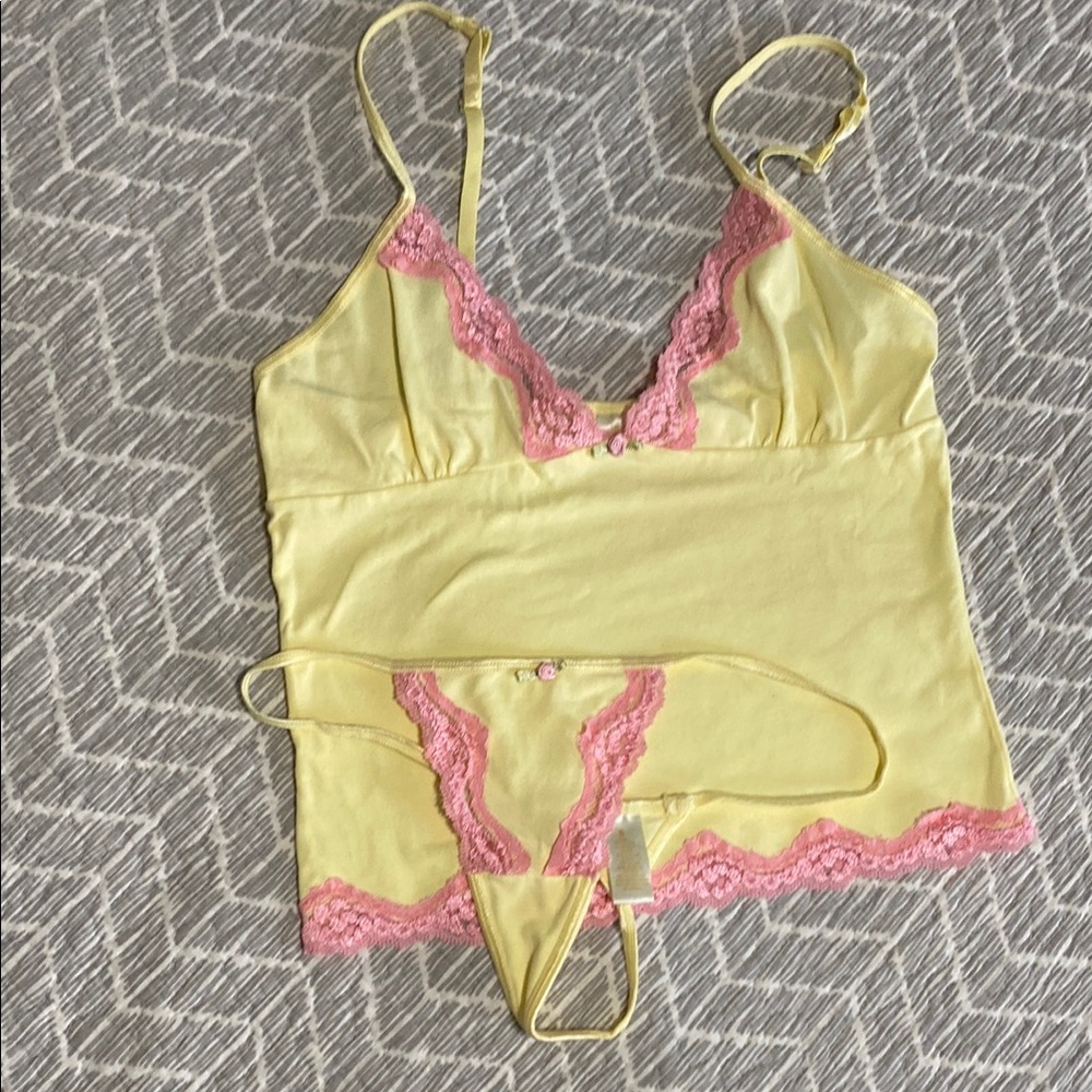 Yellow and Pink Lace Trim Camisole Set